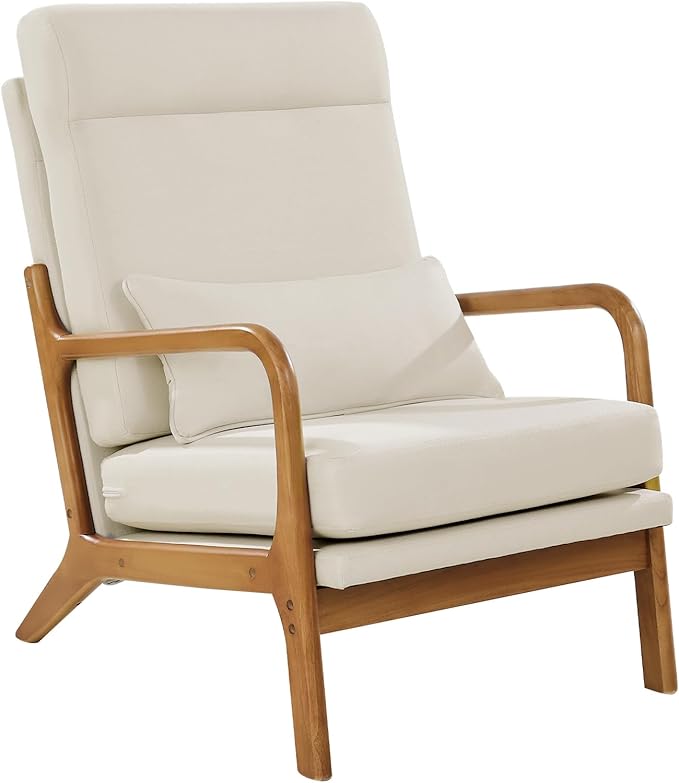 VEVOR Accent Chair High Back Mid Century Modern Armchair with Solid Wood Frame and Non-Slip Legs Upholstered Leisure Chair with Linen Fabric and 5.3 in Thickened Cushion for Living Room Bedroom