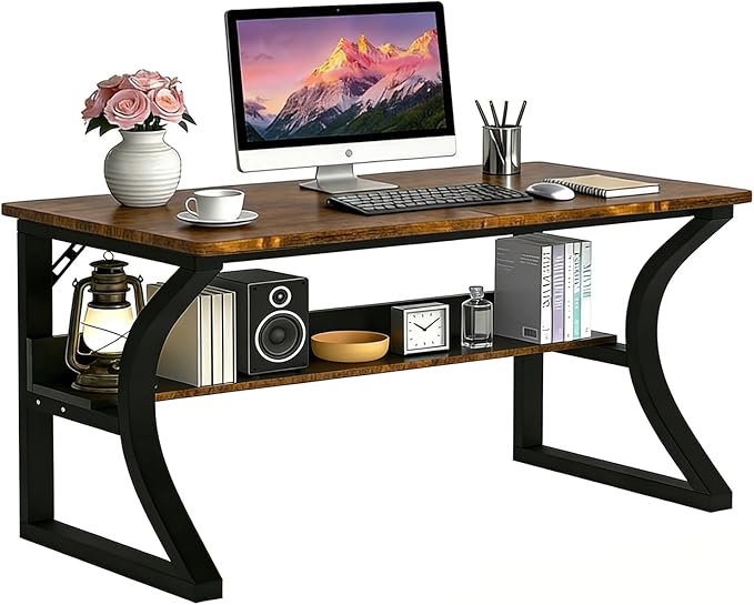 55'' Computer Desk w/Storage &amp Cable Management Home Office Desk w/Sturdy U-Shaped Metal Frame &amp Water-Resistant Scratchproof Surface Study Writing Desk for Office &amp Bedroom Rustic Brow