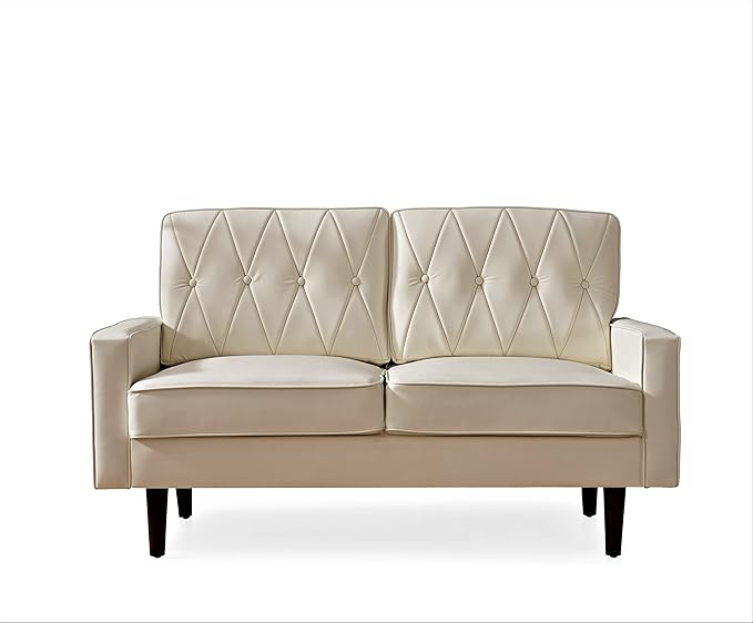 Modern Style Faux Leather Loveseat with Elegant Round Tapered Legs and Button Tufted Backrest Perfect for Living Room Bedroom or Home Office 57.5’’ Wide White