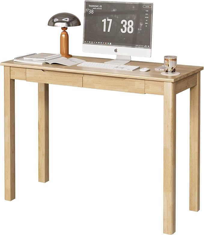 Solid Wood Desk with Drawers - 39 x 16 Inch Boho Narrow Desks Mid Century Modern Desks Rubber Wood Study Table Small Writing Desk for Bedroom|Small Spaces Natural