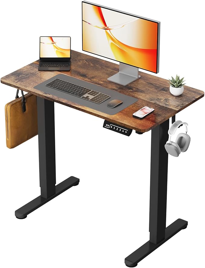 Small Standing Desk 35 ×20 Electric Standing Table Height Adjustable Compact Sit Stand Workstation with Splice Board Home Office Desk with 2 Hooks Rustic Brown