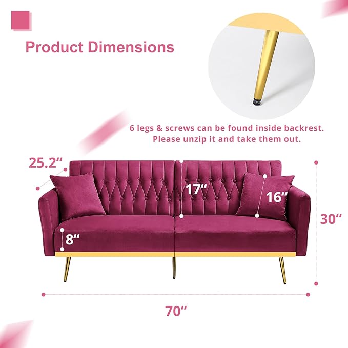 2 Pieces Velvet Futon Sofa Set with Adjustable Backrests and Armrests 70” Convertible Sofa Bed &amp Tufted Accent Chair with Ottoman for Living Room Fuchsia