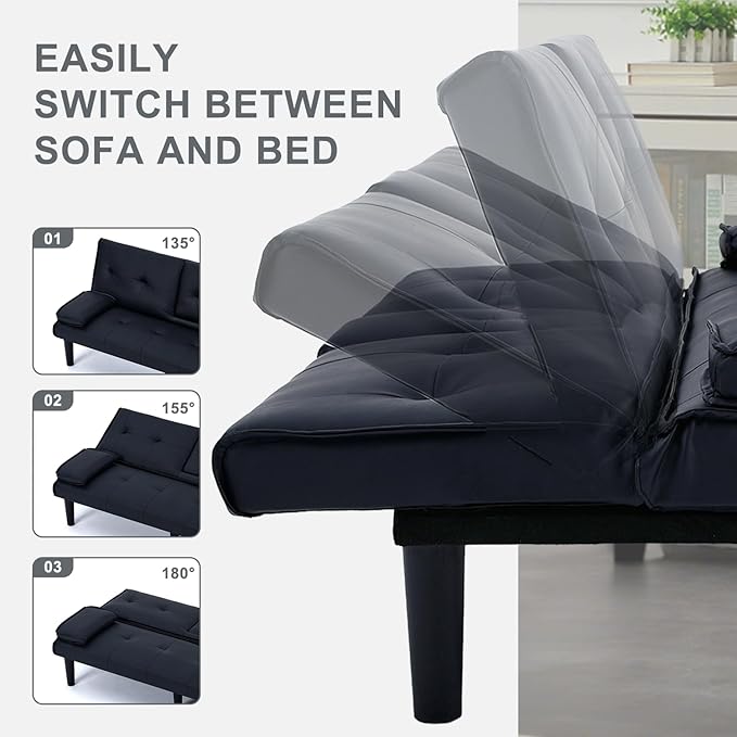 Futon Sofa Bed PU Leather Modern Convertible Futon Couch with Removable Armrests Cup Holders Loveseat Sleeper Sofa Bed for Living Room Apartment Small Spaces (Black)