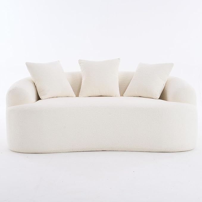 65” Cloud White Curved Couch&amp Loveseat Sofa with 3 Pillows Compression Couch with Round Armrest Suitable for Small Space Bedroom Living Room Memory Foam Chenille No Assembly (Cloud White)