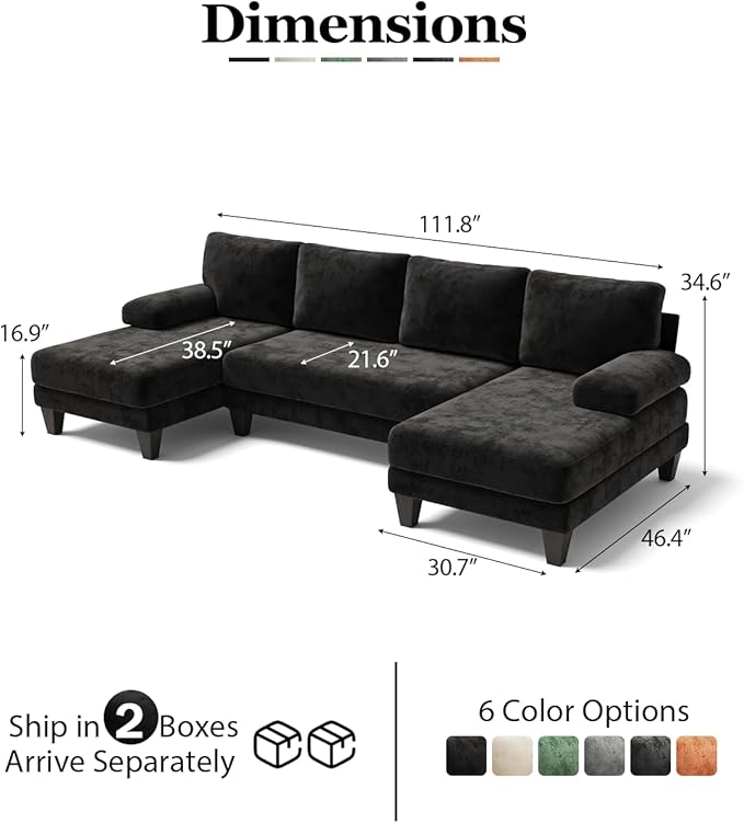 Sectional Couches for Living Room | 112 Inch U-Shaped Sectional Couch | 4 Seat Sofa Set with Double Chaise for Apartment | Black Chenille