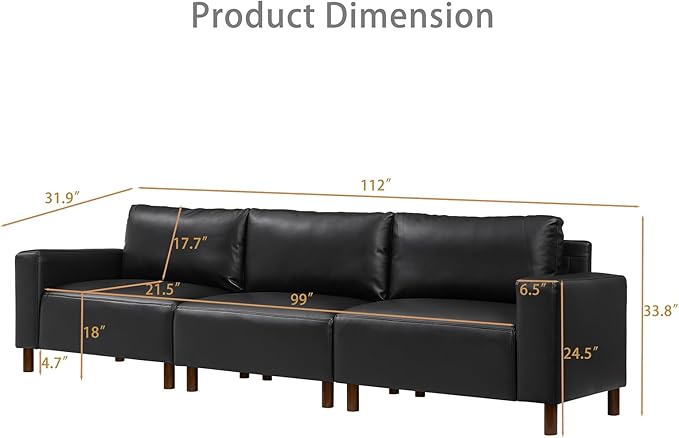 Mid-Century Modern Sofa PU Leather 3-Seater Couch with Solid Wood Legs &amp Square Armrests Lounge Comfy Sofa Upholstered Cozy Couch for Living Room Apatment Bedroom Office(112 W Black)
