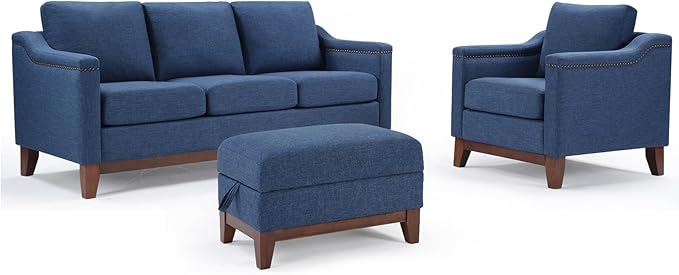 Modern 3 Piece Sofa Set with Rivets Included Chenille Accent Chair Upholstered 3-Seater Couches with Solid Wood Legs and Storage Ottoman Living Room Furniture SetBlue