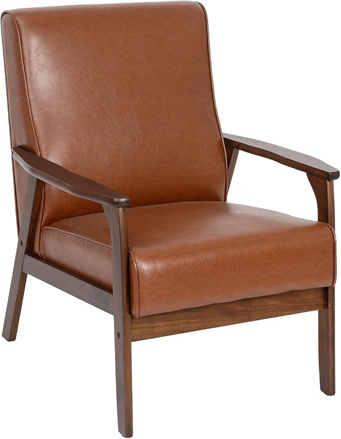 Flash Furniture Langston Commercial Mid Century Modern Chair - Cognac LeatherSoft Upholstery - Walnut Finish Wooden Frame and Arms - Extra Supportive Sinuous Springs
