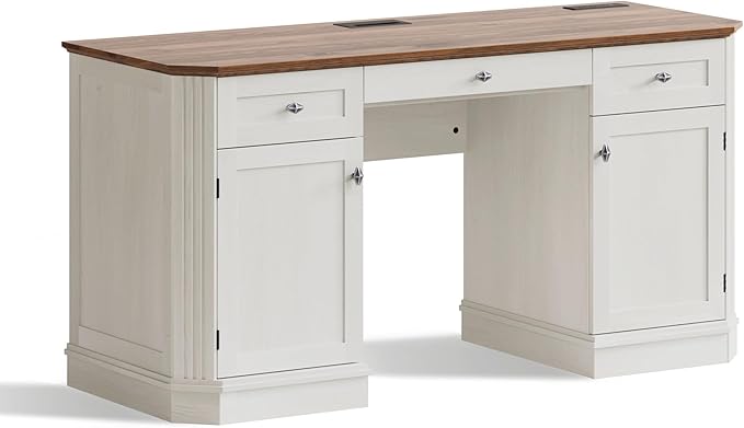 59 Classic Executive Desk with Storage Victorian Executive Desk with Charging Station Keyboard Tray 3 Drawers &amp Cabinet Storage &amp Pedestal Easy Assembly White
