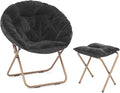 Athena Collection Round Saucer Chair with Ottoman Set for Adults Oversize Comfy Cozy Faux Fur Folding Reading Chair with Metal Leg Lazy Relaxing for Living Room Bedroom Dorm Apartment Black