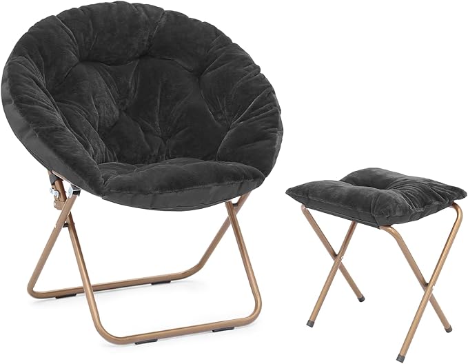 Athena Collection Round Saucer Chair with Ottoman Set for Adults Oversize Comfy Cozy Faux Fur Folding Reading Chair with Metal Leg Lazy Relaxing for Living Room Bedroom Dorm Apartment Black
