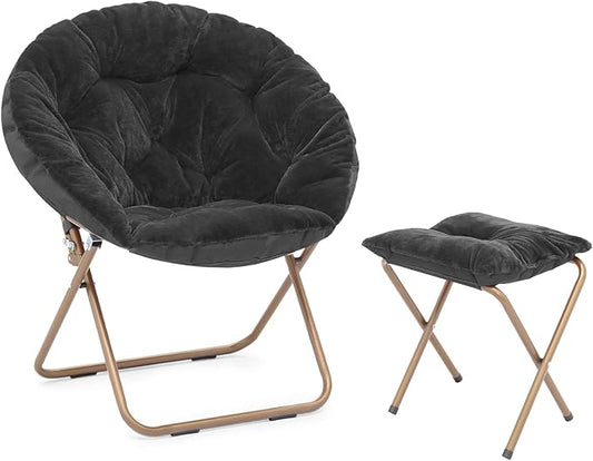 Athena Collection Round Saucer Chair with Ottoman Set for Adults Oversize Comfy Cozy Faux Fur Folding Reading Chair with Metal Leg Lazy Relaxing for Living Room Bedroom Dorm Apartment Black