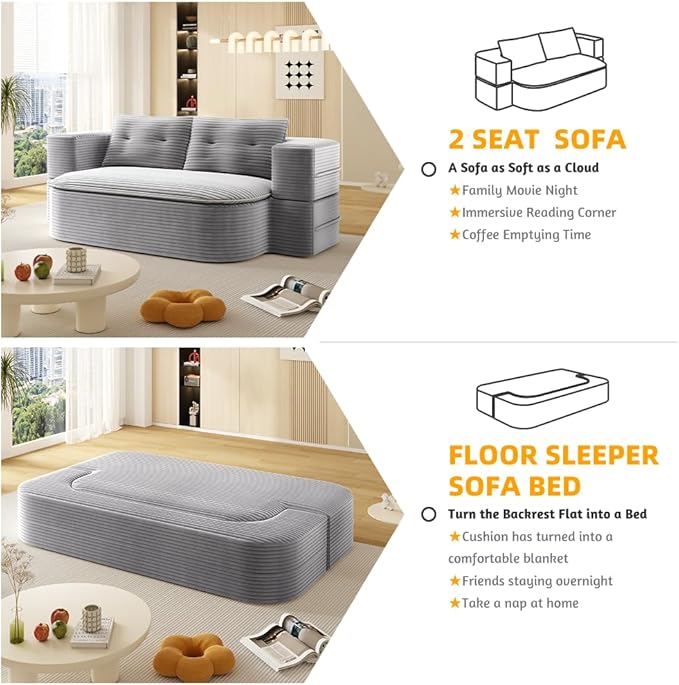 78.7'' Folding Sofa Bed Queen Sleeper Sofa 2-in-1 Convertible Corduroy Boneless Couch with Blanket Modern Futon Loveseat Couches for Living Room Guest Bed No Assembly Couch Light Grey