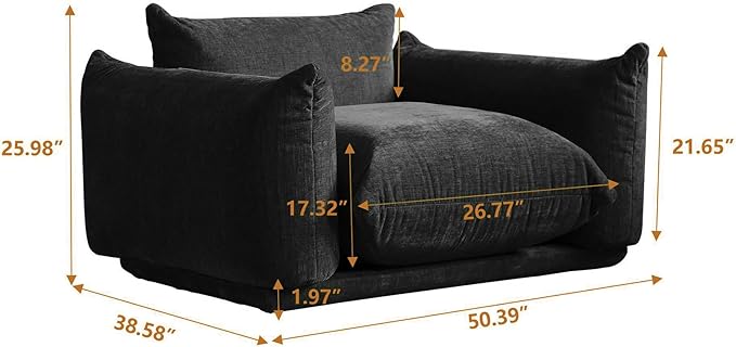JACH Mid-Century Modern Comfy Sofa Couch with Thick Cushion Chenille Single Accent Chair Deep Seat Couches 50 Plush Sofas Furniture for Small Spaces Living Room Bedroom Office Apartment Black