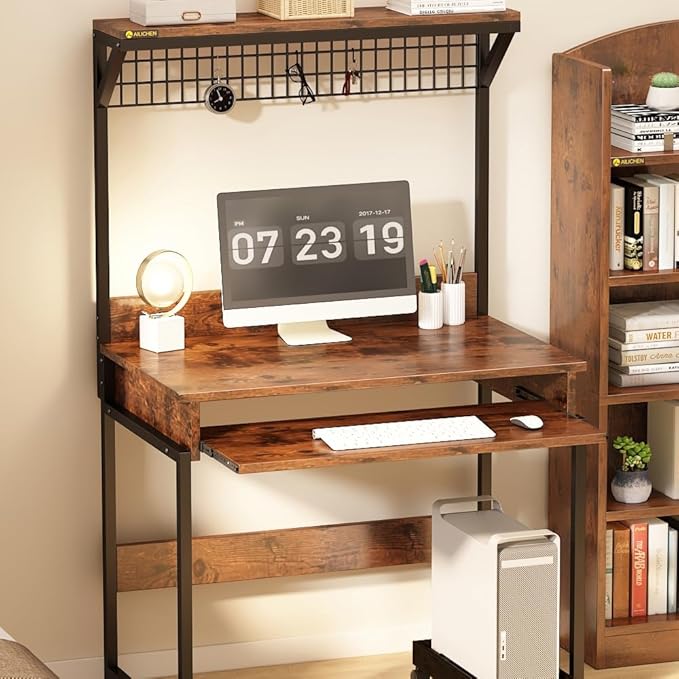 31.5 Small Computer Desk with Hutch Office Desk Study Table Writing Desk Workstation PC Table for Home Office Space Saving Design Brown