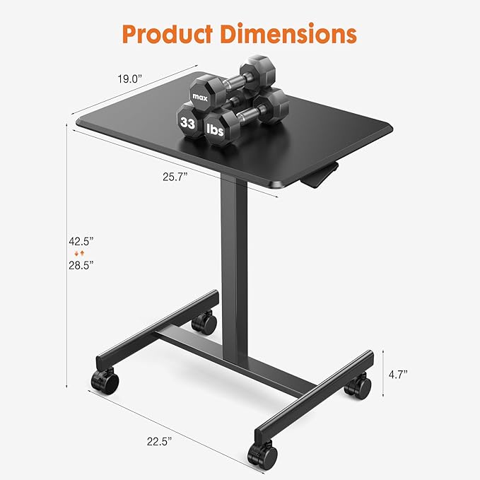 DUMOS Small Standing Desk Mobile Portable Rolling Laptop PC Table on Wheels Adjustable Height Computer Workstation for Home Office 19 Inch Black