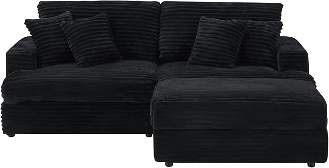 82 Inches Corduroy Square Arms Loveseat Sofa with One Storage Ottoman Comfy Deep Seat Modular Sectional Futon Couch with 4 Throw Pillows for Living Room Bedroom Office (Black)