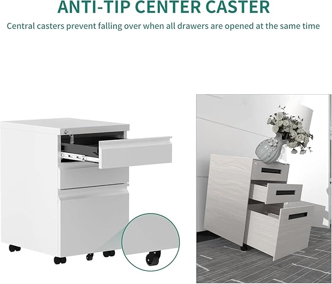 Mobile File Cabinet 3-Drawer Mobile File Cabinet with Lock Office Storage Filing for Legal/Letter Size Pre-Assembled Metal