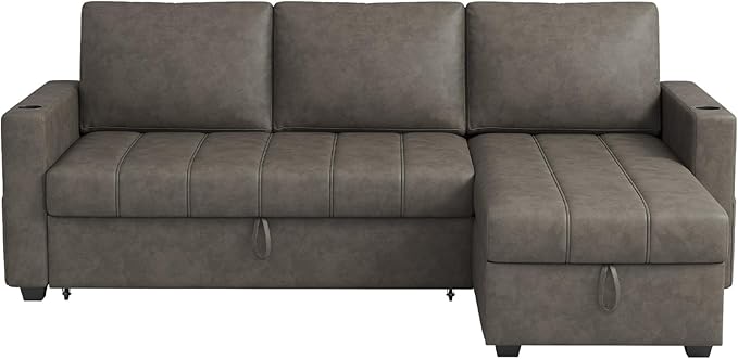 89 inch L-Shaped Sectional Sofa Sleeper with Storage Space &amp Side Pocket Anti-Scratch Faux Leather Couch Bed with USB Port &amp Cup Holder Modern Piano Design Pull Out Bed for Living Room