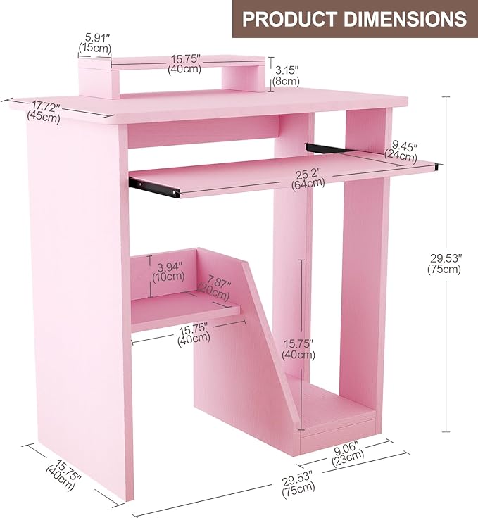 30 Inch Gaming Desk Computer Desk with Keyboard Tray Monitor Stand Storage Shelves CPU Stand Industrial Small Desk for Small Spaces Home Office Desk Pink