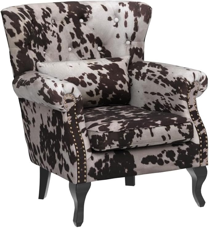 Kmax Velvet Club Chair Tufted Throne Mid Century Accent Wingback Chair Padded Seating Wood Legs Home Club Bedroom Living Room Cow