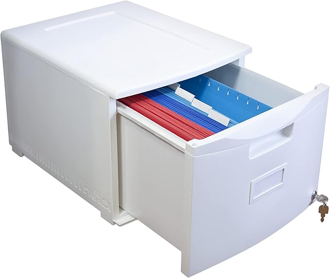 Storex Plastic One-Drawer File Cabinet – Locking Document Organizer for Home and Office White 1-Pack (61271A01C)