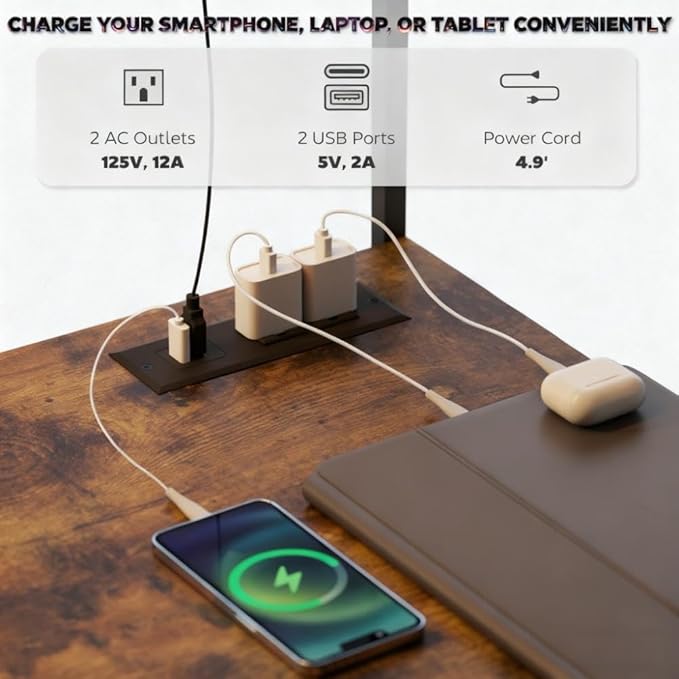 61.6'' L Shaped Gaming Desk with Power Outlets &amp LED Lights Reversible Computer Table with Monitor Stand and CPU Shelf Cornor Office Table PC Desk for Writing Study (Rustic Brown)