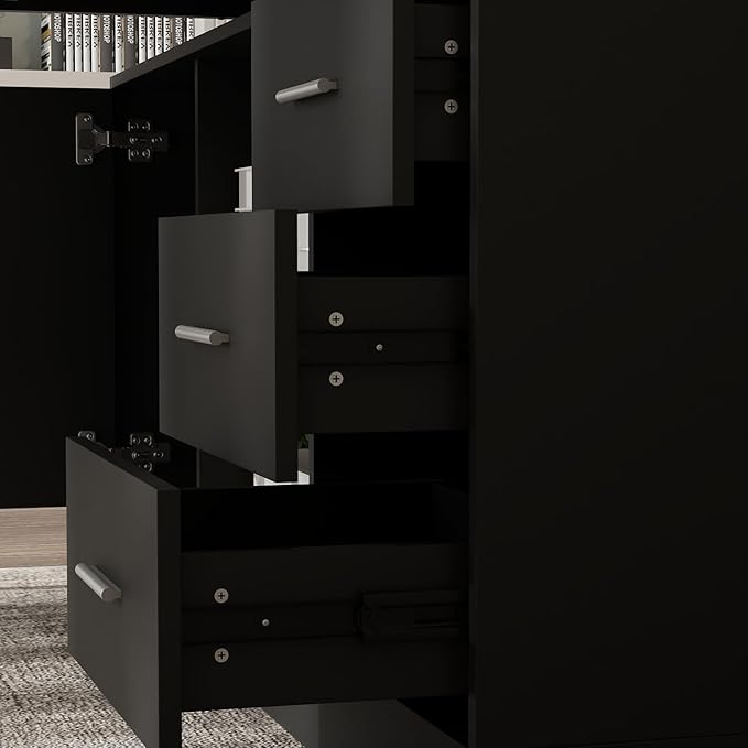 63 W L-Shaped Electric Standing Desk with Cabinet Height Adjustable &amp Reversible Corner Computer Desk with Drawers &amp Storage Shelves for Home Office Black