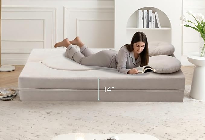 76 Convertible Folding Futon Sofa Bed Queen Sleeper Sofa with Pillow Teddy Fabric Floor &amp Futon Loveseat Couch Foam Folding Mattress Sleeper for Living Room Guest Use Office Apartment(Beige