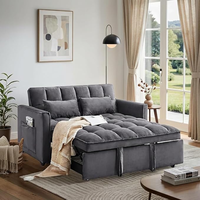 3 in 1 Convertible Sofa Bed Love Seat Sleeper Bed with Side Pockets Velvet Fabric Pull Out Couch with Adjustable Backrest for Living Room Bedroom Apartment Dark Gray