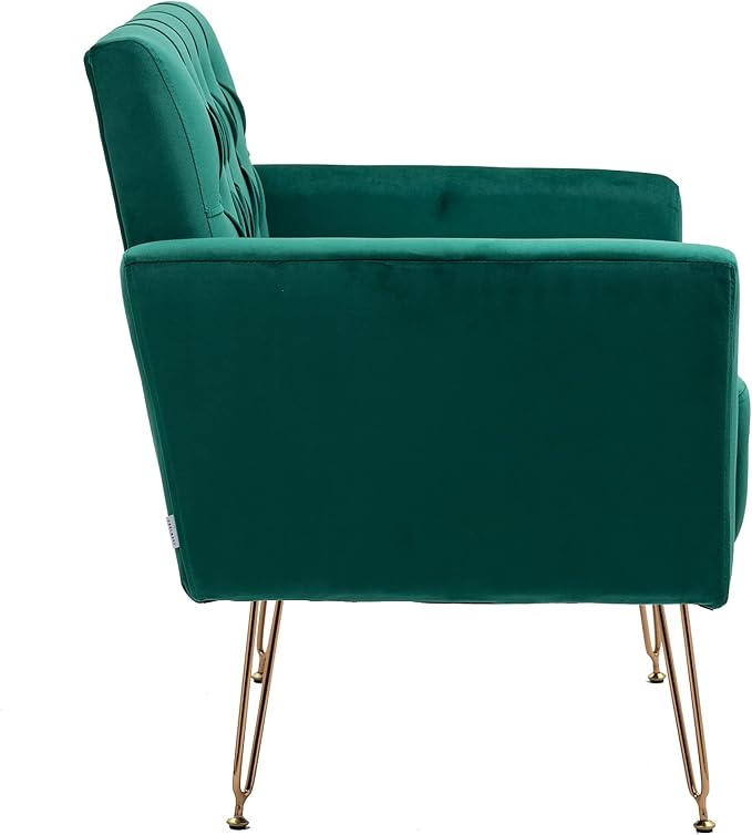 Velvet Accent Chair Upholstered Living Room Accent Armchair Leisure Single Chairs with Rose Golden feet Tufted Sofa Chairs for Home Office Living Room Bedroom Small Space (Green)