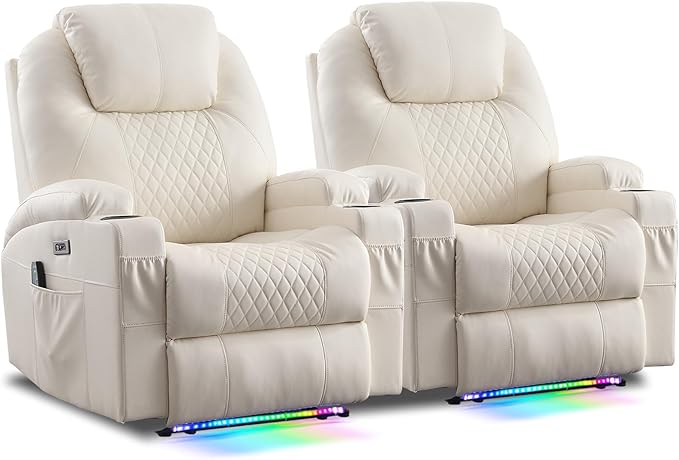 AHMED Power Recliner Chair with Vibration Massage &amp Heat for Adults Faux Leather Home Theater Seating with Cup Holders/LED Lights/USB Ports/Side Pockets for Living Room Beige