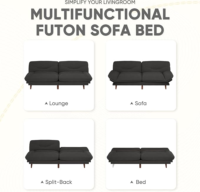 JUMMICO Convertible Futon Sofa Bed Sleeper Futon Couch with Adjustable Backrest and Armrests Modern Loveseat with Sturdy Wood Frame for Small Spaces Apartments (Fabric Black)