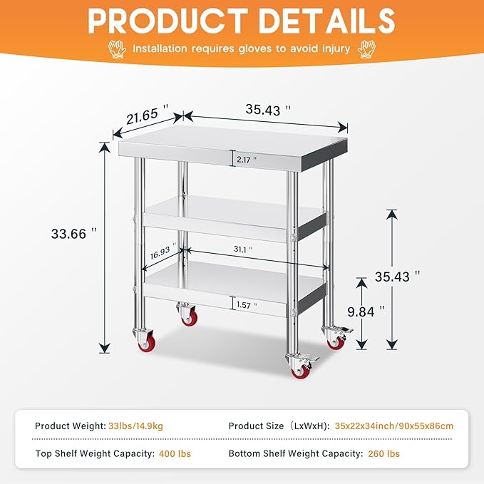 Jocisland 22 x 36 Three-Tier Stainless Steel Table NSF Certified for Prep &amp Work with Wheels Adjustable Under Shelf for Commercial Kitchen Restaurant Hotel and Garage
