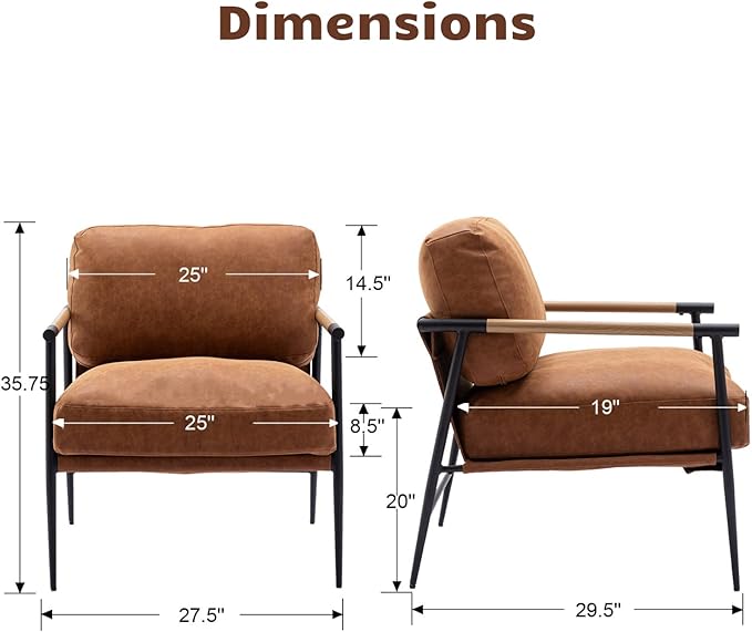 HEAH-YO Modern Accent Chair Set of 1 PU Faux Leather Living Room Chair with Backrests and Metal Legs Comfy Reading Side Armchair for Bedroom Brown