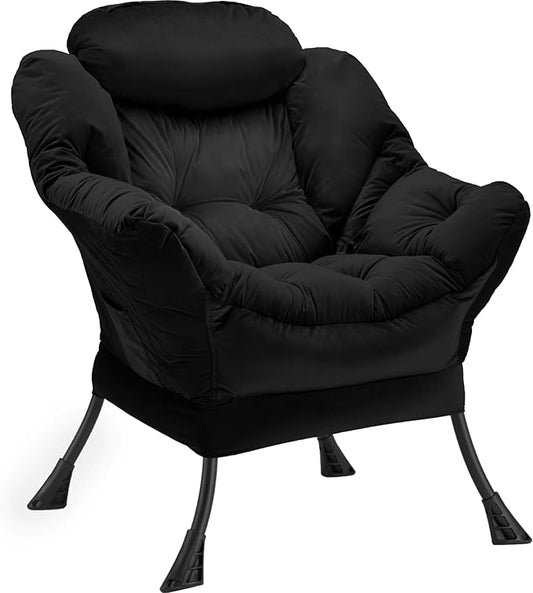 Lazy Chair Thick Padded Comfy Velvet Accent Lounge Chair with Stable Frame Leisure Sofa Armchair with Armrests and Side Pocket Reading Chair for Bedroom Living Room Office Black