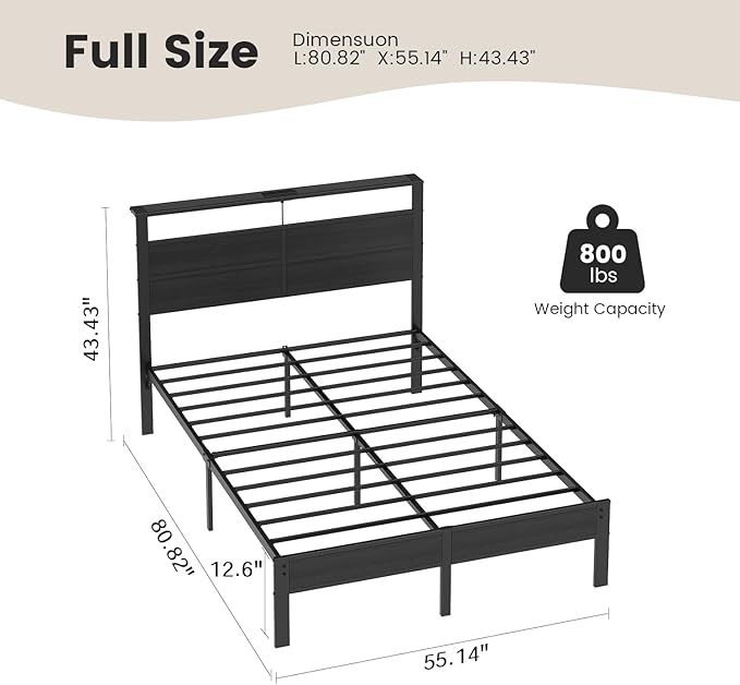 Full Size Metal Bed Frame with Storage Headboard LED Lights and USB Charging Ports Noise Free Platform Bed with Sturdy Slats No Box Spring Needed Easy Assembly