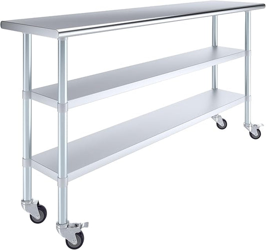 AmGood Stainless Steel Work Table with 2 Shelves and Casters | Metal Utility Table On Wheels (Stainless Steel Work Table with 2 Shelves + Casters 72 Long x 18 Deep)