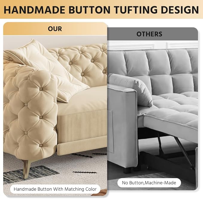 97.7'' Velvet Pull Out Sofa Bed King with Ottoman 3-in-1 Convertible Sleeper Sofa Couch Modern Tufted Deep Seat Couch with Pillows Comfy Couches for Living Room Apricot