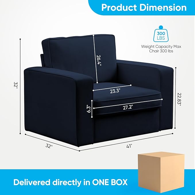 Mjkone Upholstered 360° Swivel Accent Chair with Metal Base Modern Chenille Swivel Single Sofa with Wide Armrests Mid-Century Single Sofa Square Reading Chair for Living Room Office Deep Blue