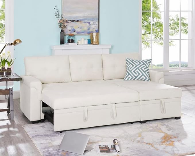 Naomi Home 85 in. Convertible Sofa with Storage Reversible L Shape Sofa Couch with Chaise Comfy Couches for Living Room Cream/Velvet