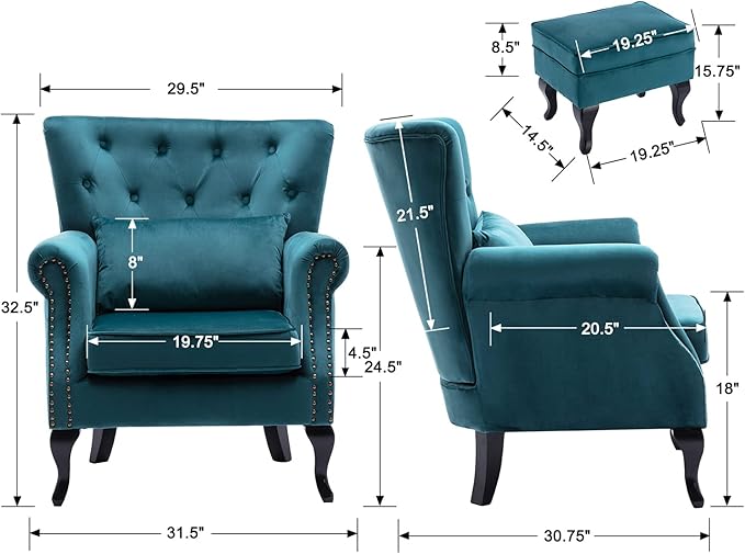 Mid Century Modern Accent Chair Upholstered Armchair Comfy Velvet Tufted Wingback Single Sofa with Ottoman for Bedroom Living Room Teal
