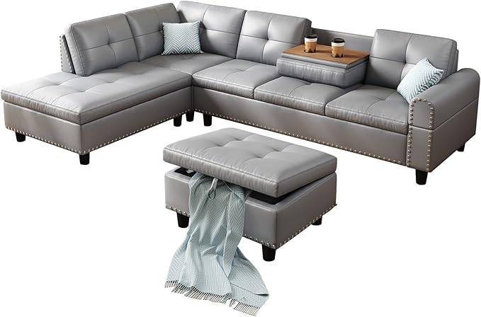 97.5 Oversized Sectional Couch L Shaped Couchwith Storage Ottoman Modern Modular Sofa withDeep Seat Sectional Couches for Living Room andOffice Faux Leather Sofa (Gray 97.5 inch &amp Ottoman)
