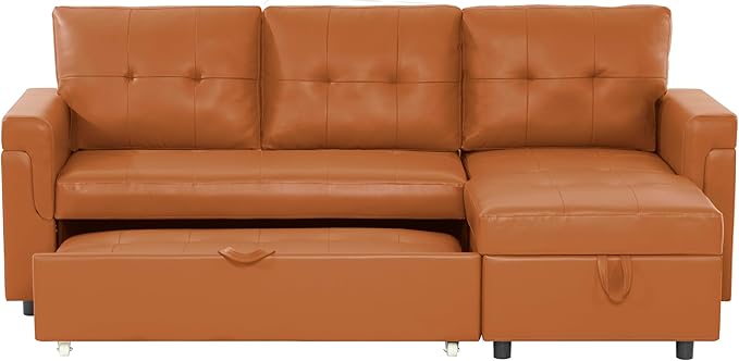 Naomi Home 85 in. Convertible Sofa with Storage Reversible L Shape Sofa Couch with Chaise Comfy Couches for Living Room Caramel/Air Leather