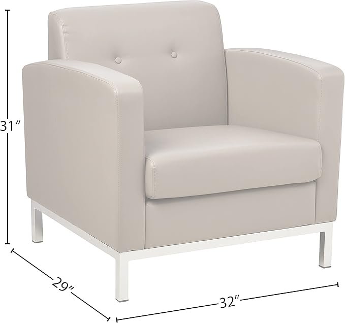 OSP Home Furnishings Wall Street Faux Leather Armchair with Box-Spring Cushion Button Tufted Back and Chrome Finish Base Smoke Grey