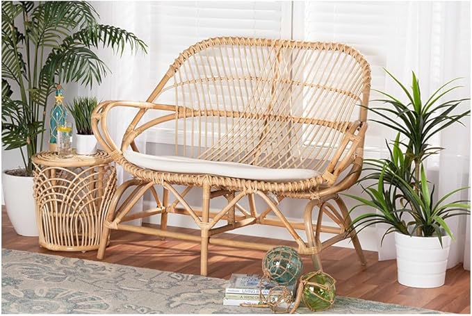 Maykoosh Bohemian Loveseat - White Upholstered &amp Natural Rattan Frame - Modern Living Room Sofa