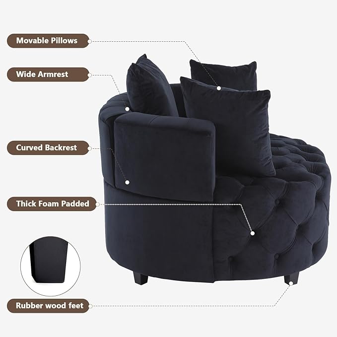 mikibama Black Velvet Accent Chair Upholstered Barrel Chair Lounge Chair with 3 Movable Pillows and Rubber Wood Legs Oversized Round Sofa Chair Reading Chair for Living Room Bedroom Hotel Office