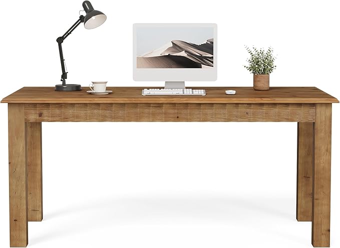 63-Inch Computer Desk Solid Wood Home Office Desk with Sturdy Wooden Legs Rustic Large Computer Office Table for Writing Reading Study Brown