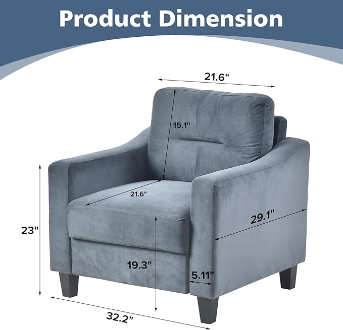 Upholstered Single Sofa ChairMordern Armchair with Wooden Legs for Living RoomBedroom and OfficeBlue Grey