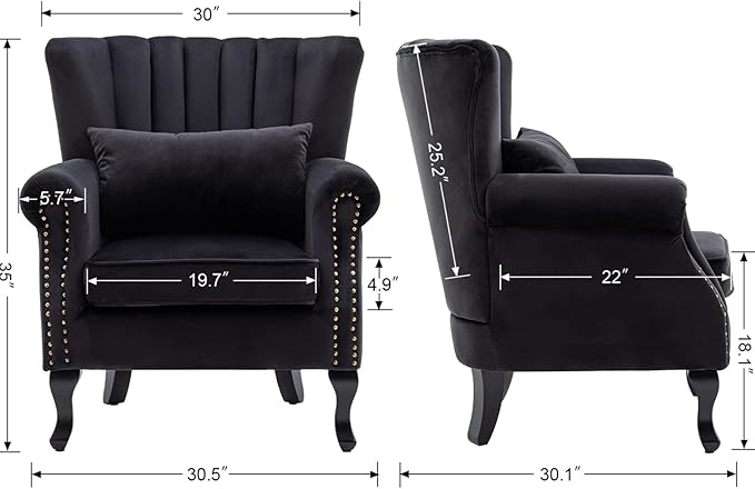 Kmax Black Accent Chair Velvet Wingback Chair with Pillow Nail-Head Channel Tufted Oversized Club Chair for Living Room Bedroom Guest Room